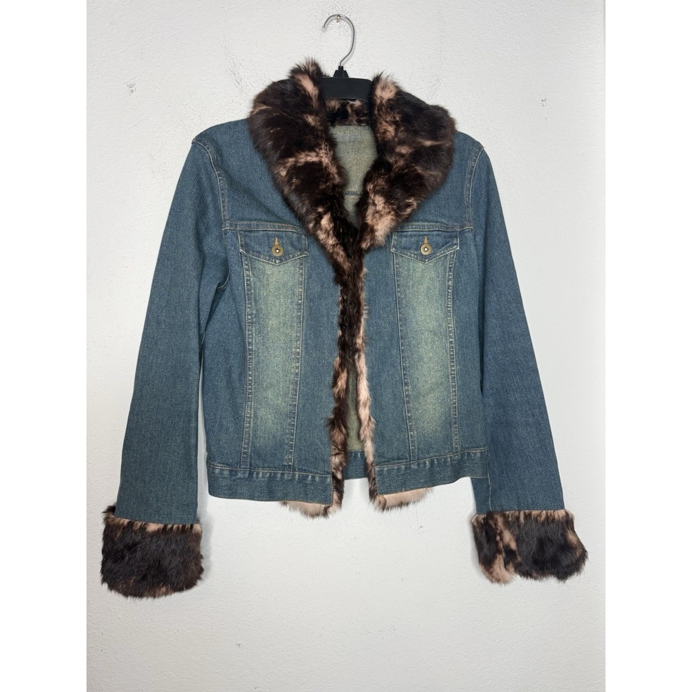 VTG Women's Denim Jacket Fur Collar Size M Y2K Gilmore Girls 90s